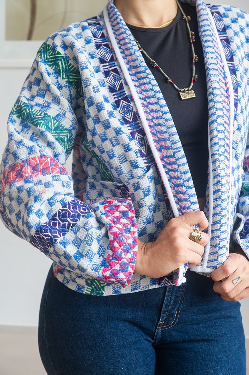 Womens Vintage Nomad Kantha Jacket, Indigo Aura, handmade from 100% cotton recycled fabrics over dyed in Indigo hand-block-prints. Nova