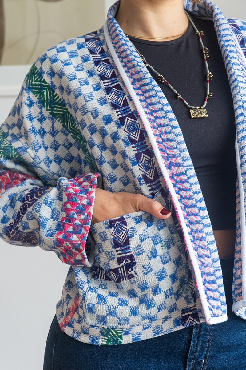Womens Vintage Nomad Kantha Jacket, Indigo Aura, handmade from 100% cotton recycled fabrics over dyed in Indigo hand-block-prints. Nova