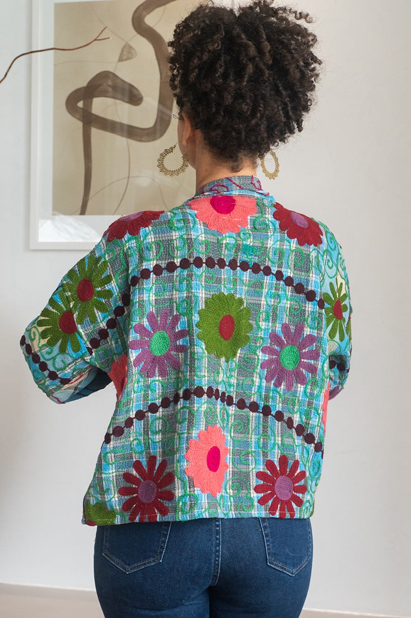 Womens Nomad Kantha Jacket, Wild Threads, with traditional Suzani embroidery, handmade from recycled Vintage Kantha’s. Floral - Rona