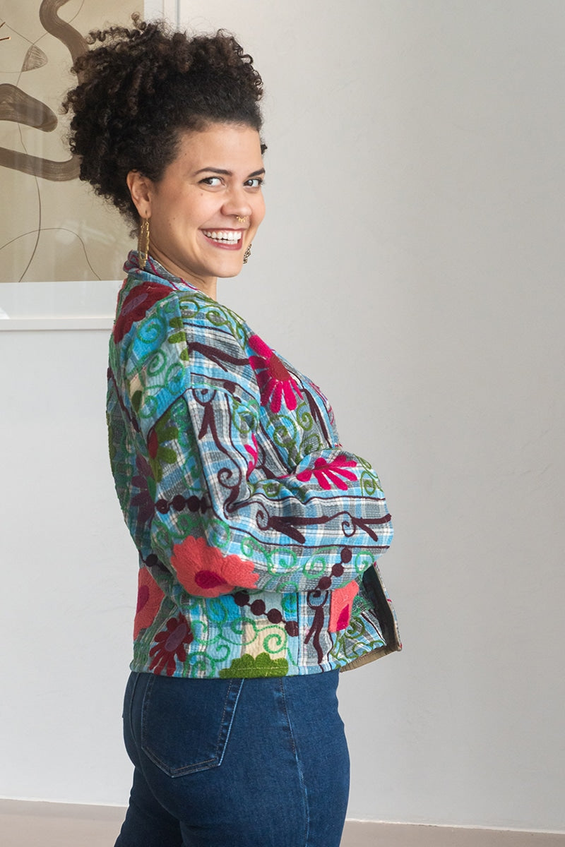 Womens Nomad Kantha Jacket, Wild Threads, with traditional Suzani embroidery, handmade from recycled Vintage Kantha’s. Floral - Rona