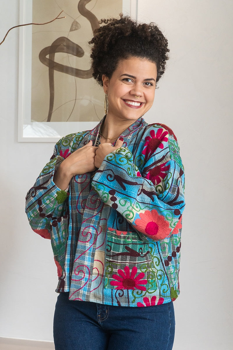Womens Nomad Kantha Jacket, Wild Threads, with traditional Suzani embroidery, handmade from recycled Vintage Kantha’s. Floral - Rona
