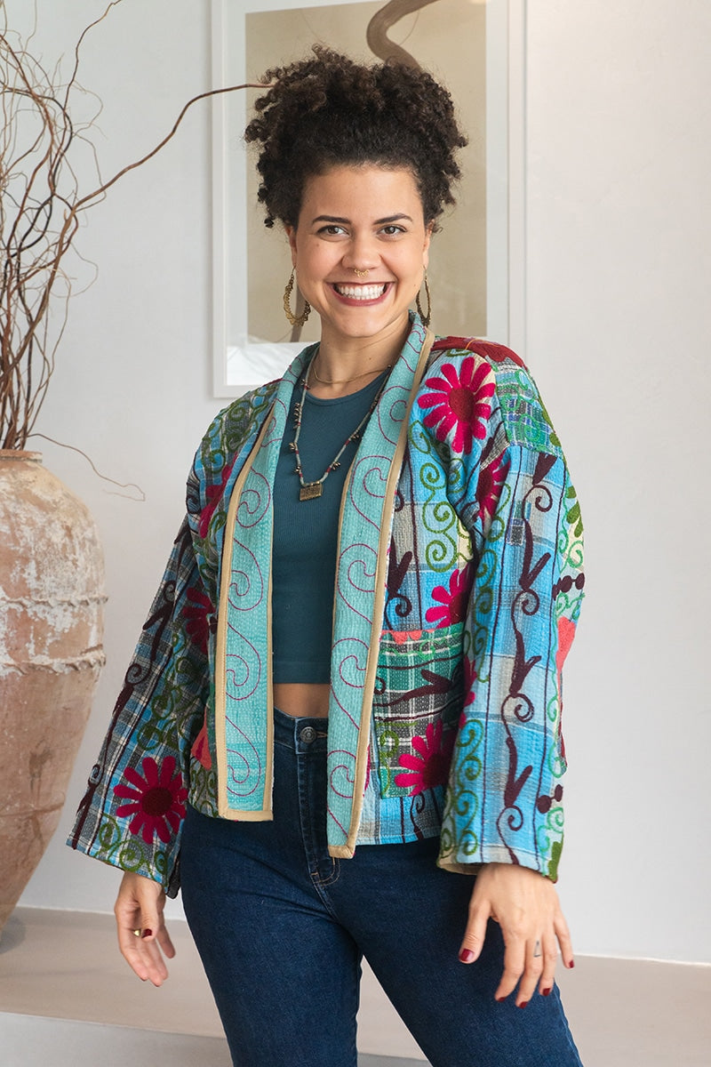 Womens Nomad Kantha Jacket, Wild Threads, with traditional Suzani embroidery, handmade from recycled Vintage Kantha’s. Floral - Rona