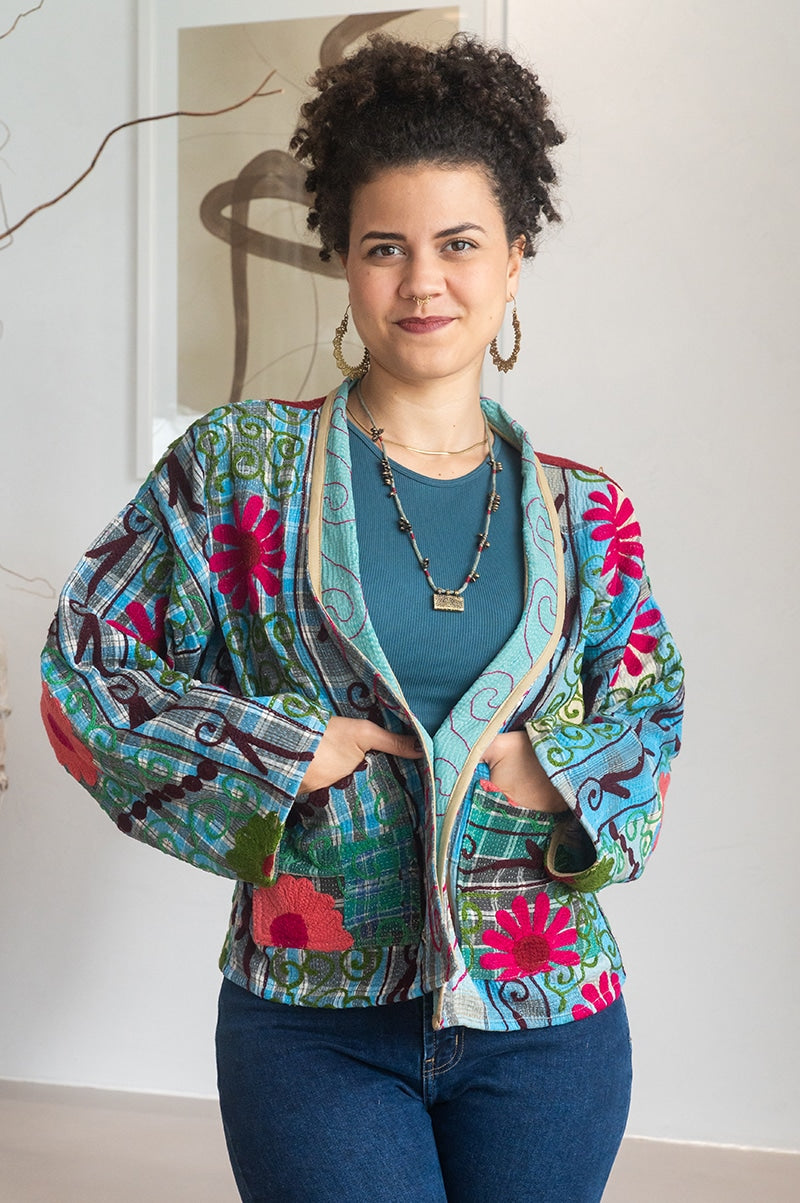 Womens Nomad Kantha Jacket, Wild Threads, with traditional Suzani embroidery, handmade from recycled Vintage Kantha’s. Floral - Rona
