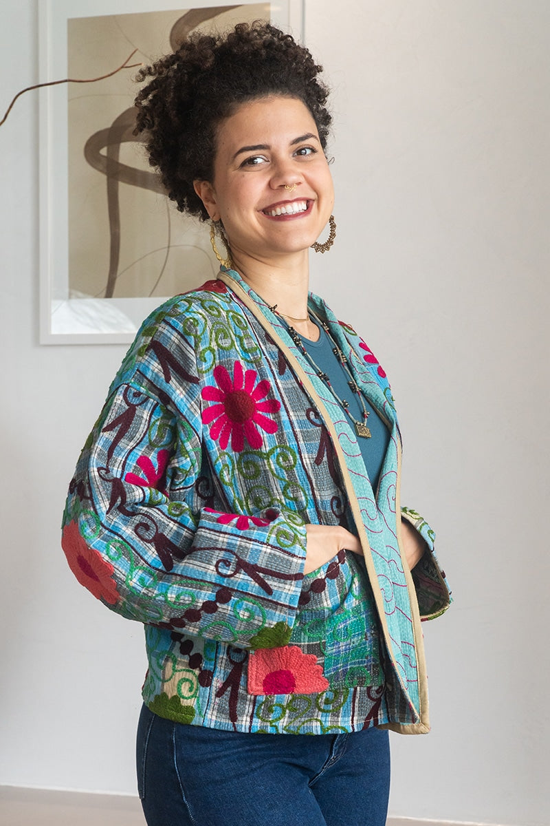 Womens Nomad Kantha Jacket, Wild Threads, with traditional Suzani embroidery, handmade from recycled Vintage Kantha’s. Floral - Rona