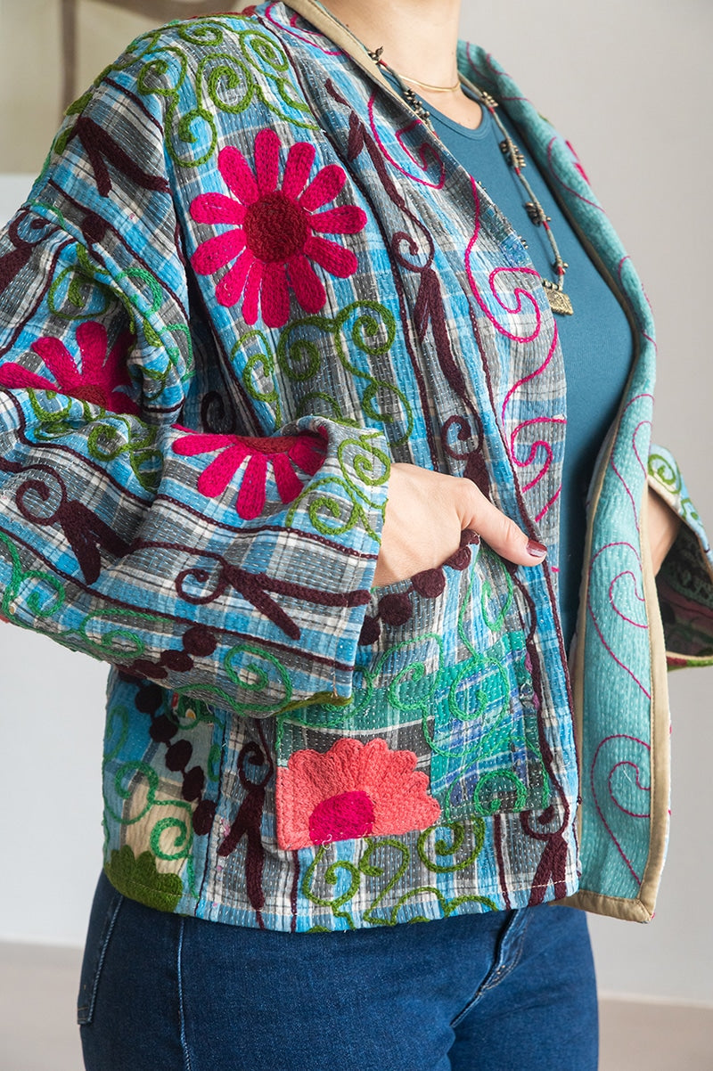 Womens Nomad Kantha Jacket, Wild Threads, with traditional Suzani embroidery, handmade from recycled Vintage Kantha’s. Floral - Rona