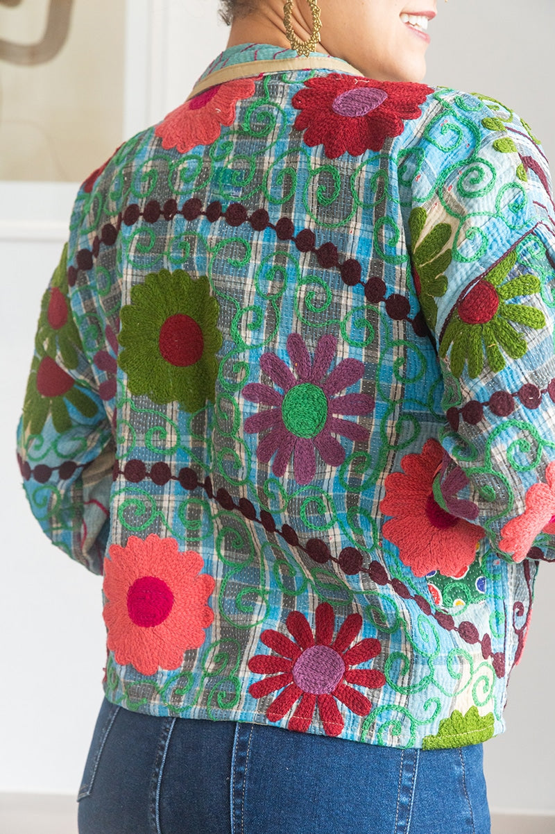 Womens Nomad Kantha Jacket, Wild Threads, with traditional Suzani embroidery, handmade from recycled Vintage Kantha’s. Floral - Rona