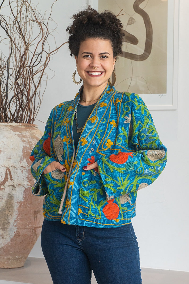 Womens Nomad Kantha Jacket, Wild Threads, with traditional Suzani embroidery, handmade from recycled Vintage Kantha’s. Blue and Green - Isha