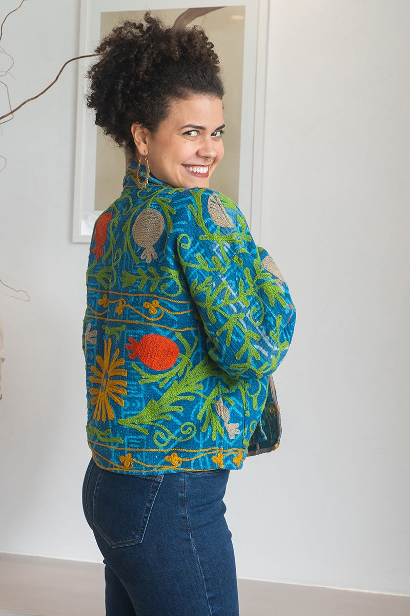 Womens Nomad Kantha Jacket, Wild Threads, with traditional Suzani embroidery, handmade from recycled Vintage Kantha’s. Blue and Green - Isha