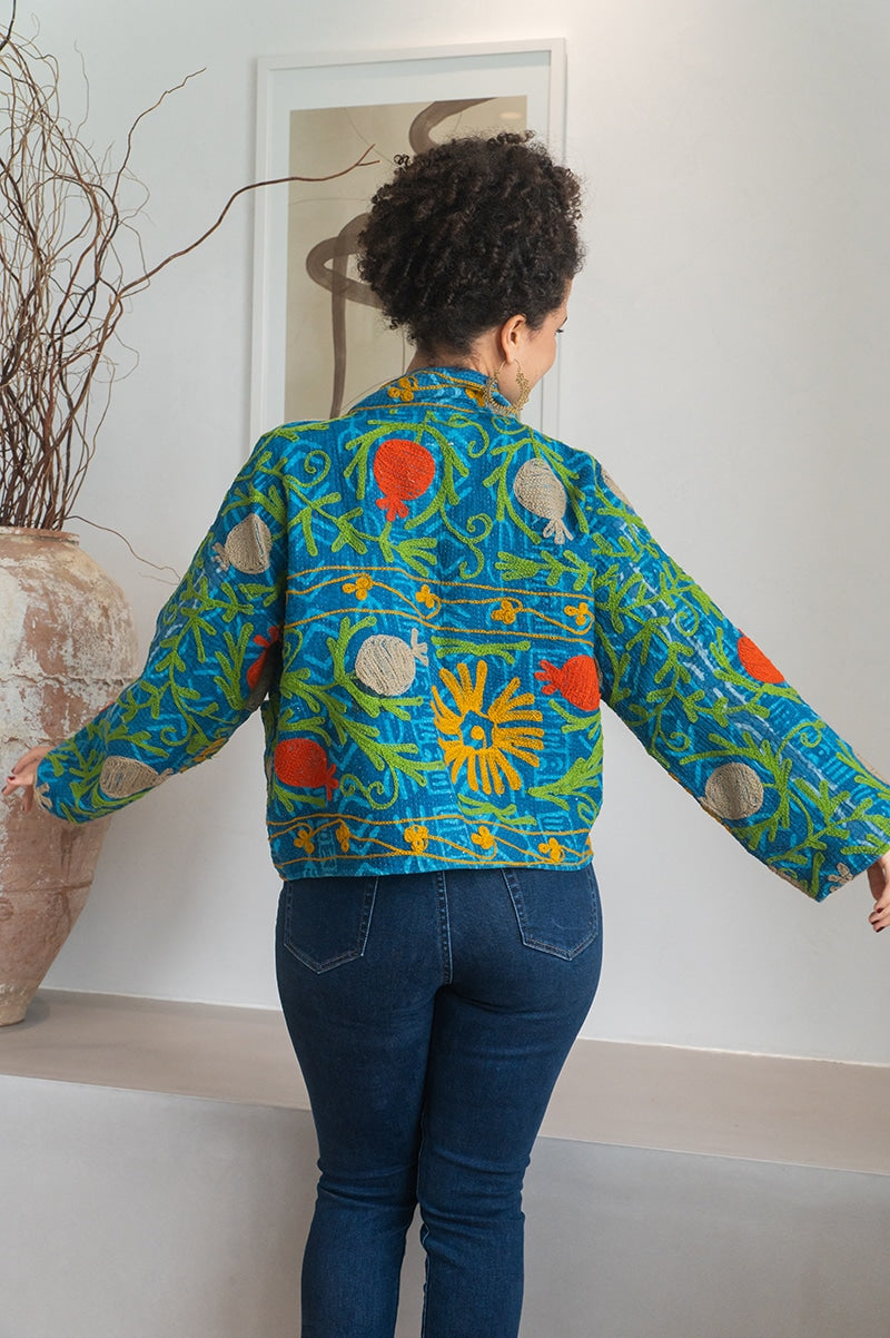 Womens Nomad Kantha Jacket, Wild Threads, with traditional Suzani embroidery, handmade from recycled Vintage Kantha’s. Blue and Green - Isha