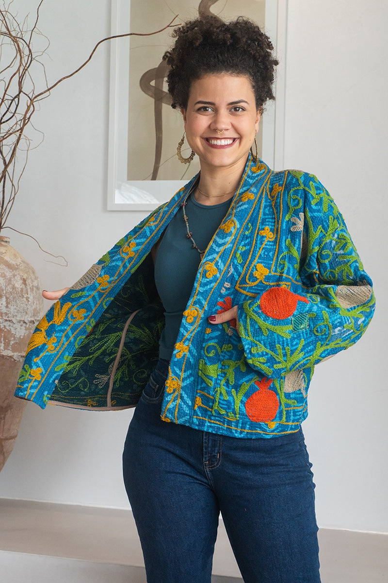 Womens Nomad Kantha Jacket, Wild Threads, with traditional Suzani embroidery, handmade from recycled Vintage Kantha’s. Blue and Green - Isha