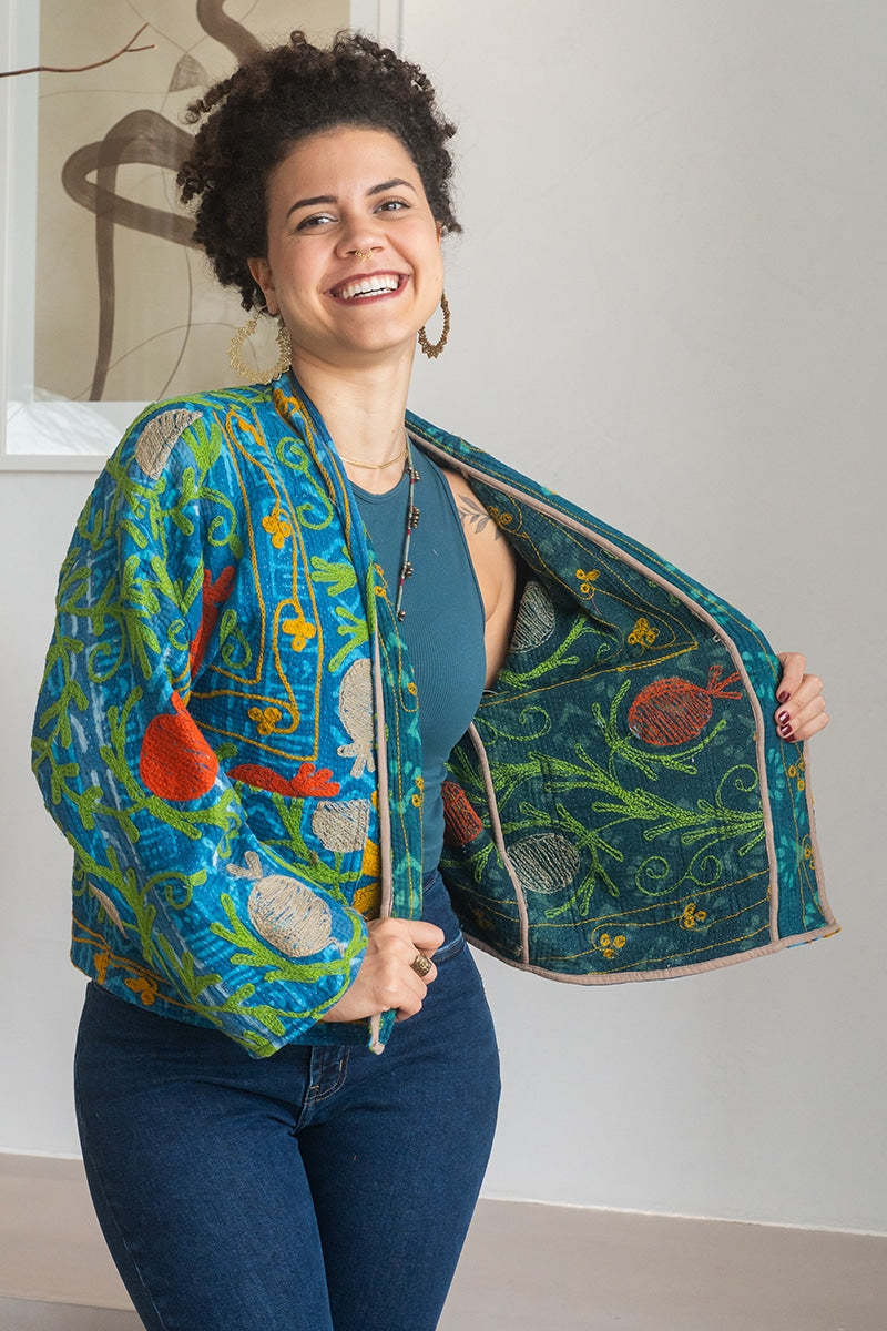 Womens Nomad Kantha Jacket, Wild Threads, with traditional Suzani embroidery, handmade from recycled Vintage Kantha’s. Blue and Green - Isha