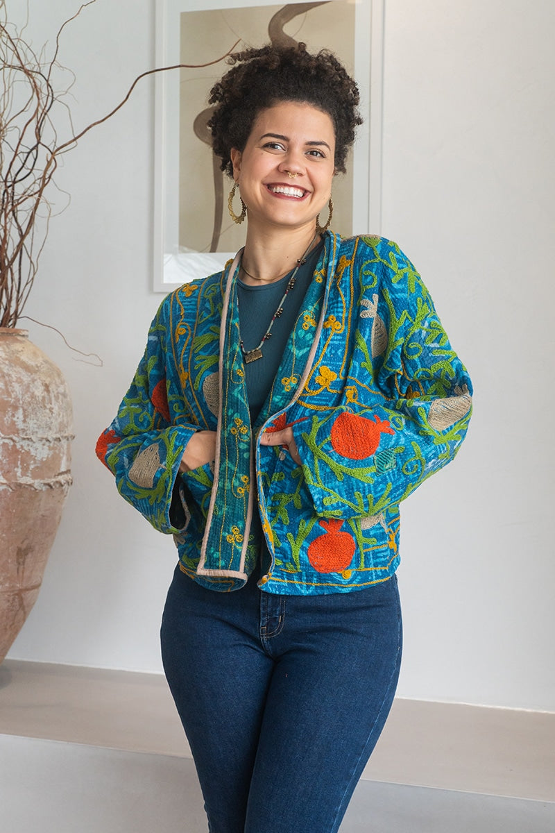 Womens Nomad Kantha Jacket, Wild Threads, with traditional Suzani embroidery, handmade from recycled Vintage Kantha’s. Blue and Green - Isha