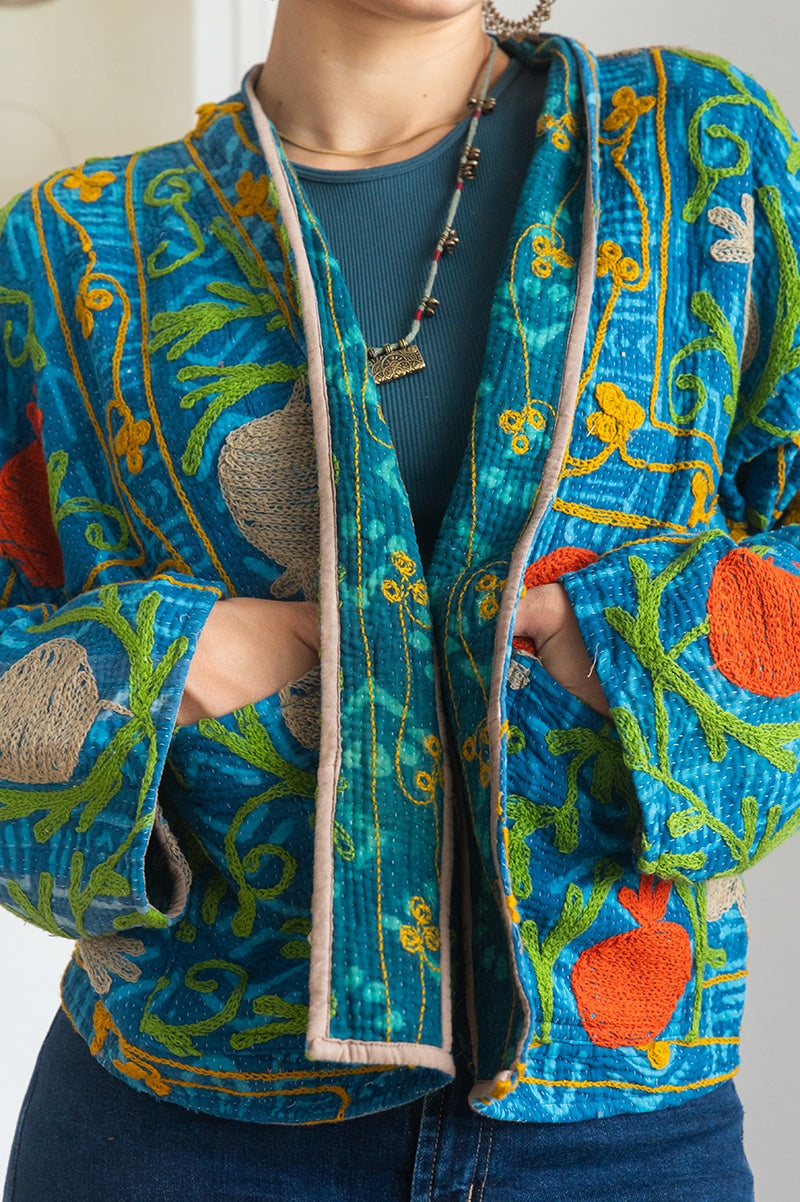 Womens Nomad Kantha Jacket, Wild Threads, with traditional Suzani embroidery, handmade from recycled Vintage Kantha’s. Blue and Green - Isha