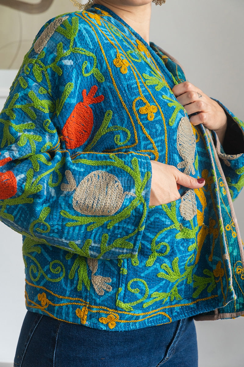 Womens Nomad Kantha Jacket, Wild Threads, with traditional Suzani embroidery, handmade from recycled Vintage Kantha’s. Blue and Green - Isha