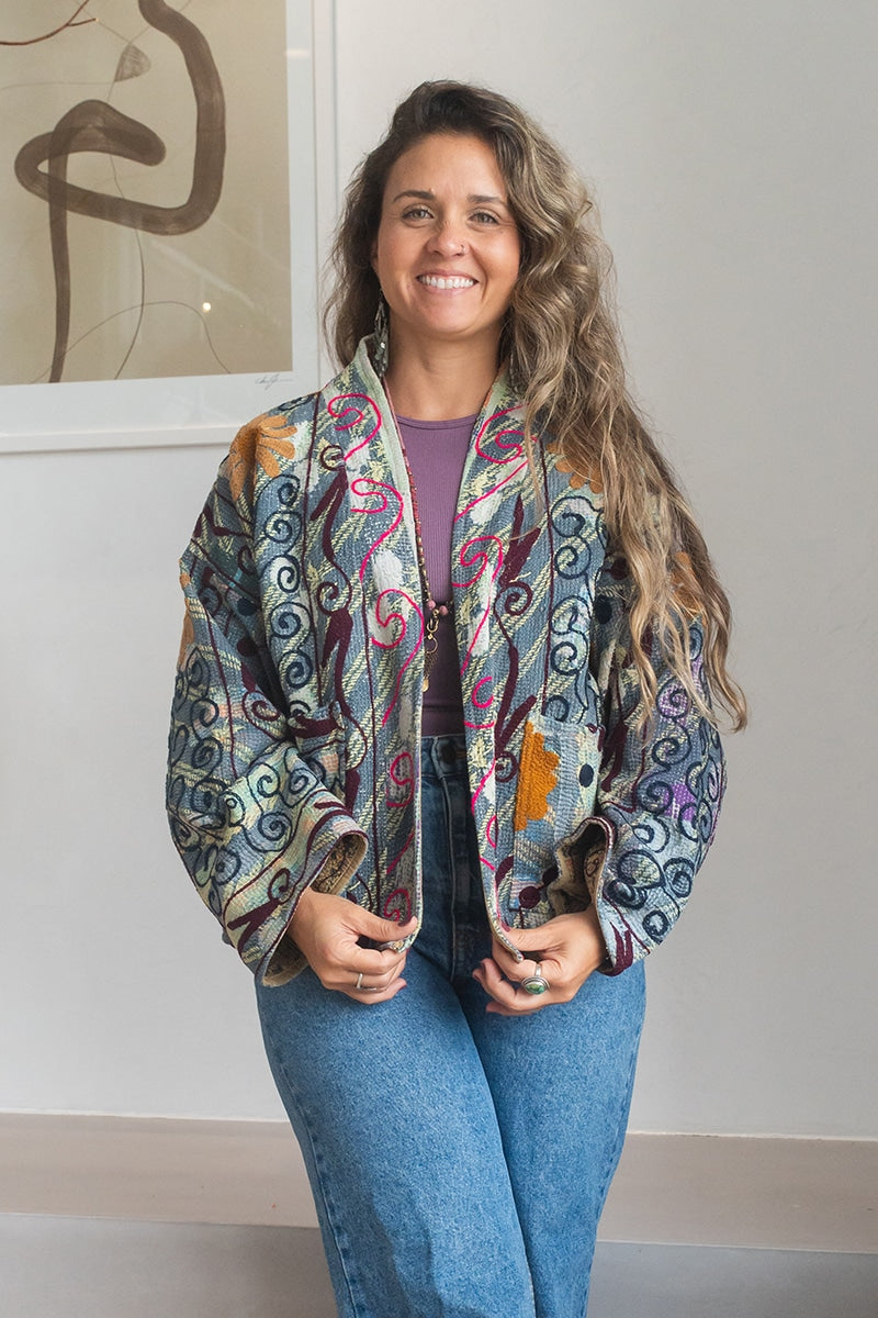 Womens Nomad Kantha Jacket, Wild Threads, with traditional Suzani embroidery, handmade from recycled Vintage Kantha’s. Floral - Alma