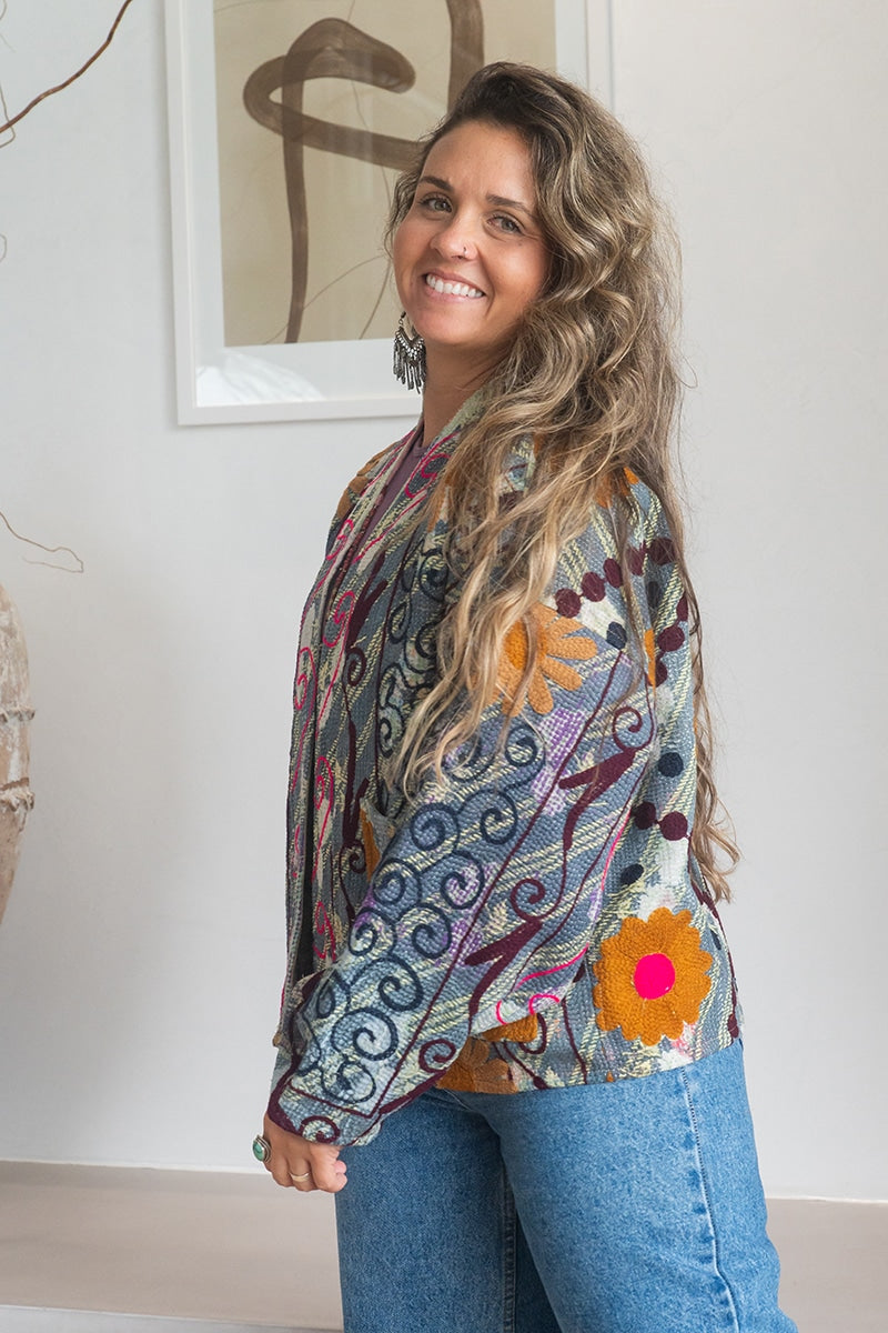 Womens Nomad Kantha Jacket, Wild Threads, with traditional Suzani embroidery, handmade from recycled Vintage Kantha’s. Floral - Alma