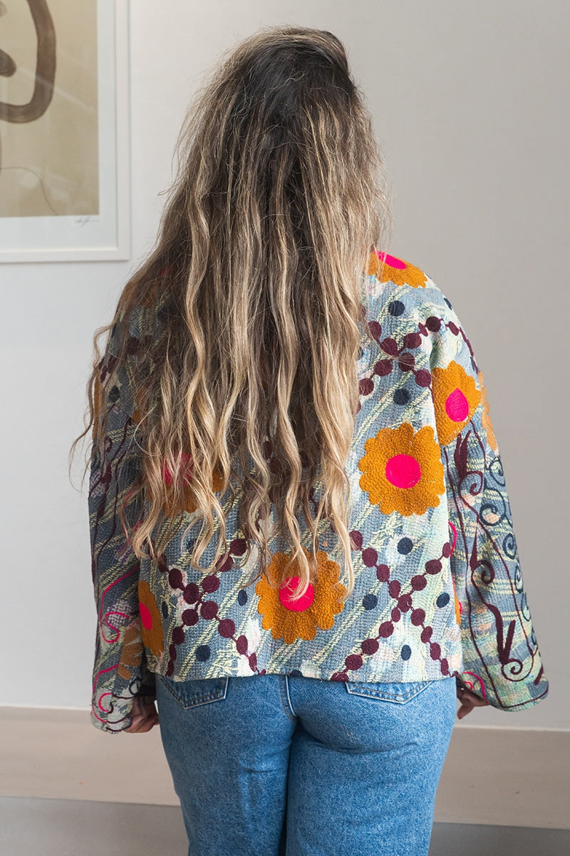 Womens Nomad Kantha Jacket, Wild Threads, with traditional Suzani embroidery, handmade from recycled Vintage Kantha’s. Floral - Alma