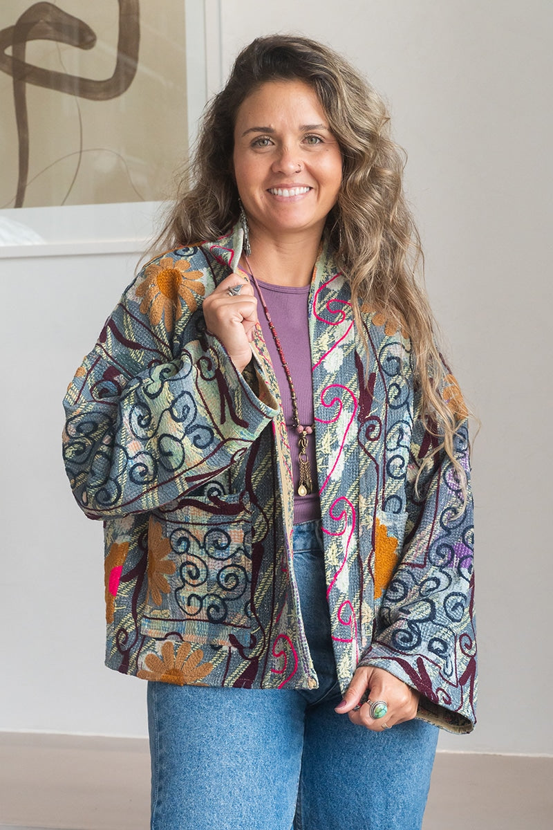 Womens Nomad Kantha Jacket, Wild Threads, with traditional Suzani embroidery, handmade from recycled Vintage Kantha’s. Floral - Alma