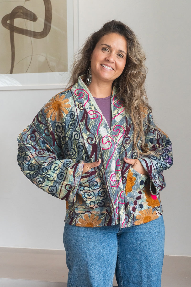 Womens Nomad Kantha Jacket, Wild Threads, with traditional Suzani embroidery, handmade from recycled Vintage Kantha’s. Floral - Alma