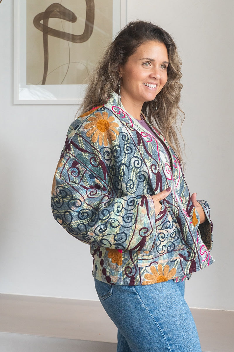 Womens Nomad Kantha Jacket, Wild Threads, with traditional Suzani embroidery, handmade from recycled Vintage Kantha’s. Floral - Alma