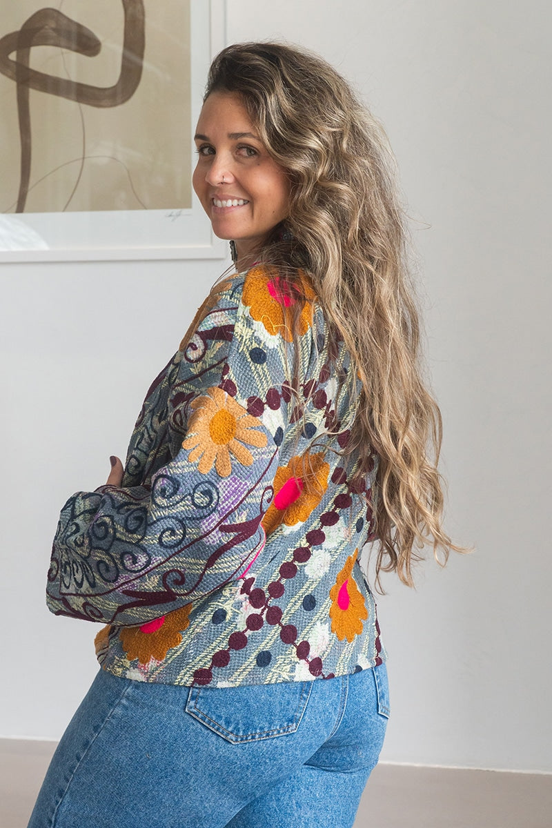Womens Nomad Kantha Jacket, Wild Threads, with traditional Suzani embroidery, handmade from recycled Vintage Kantha’s. Floral - Alma