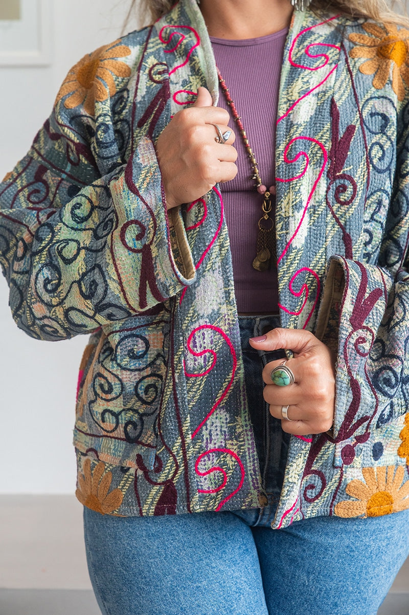 Womens Nomad Kantha Jacket, Wild Threads, with traditional Suzani embroidery, handmade from recycled Vintage Kantha’s. Floral - Alma