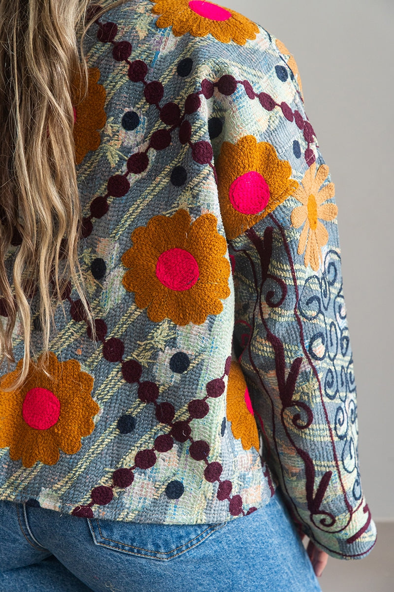 Womens Nomad Kantha Jacket, Wild Threads, with traditional Suzani embroidery, handmade from recycled Vintage Kantha’s. Floral - Alma