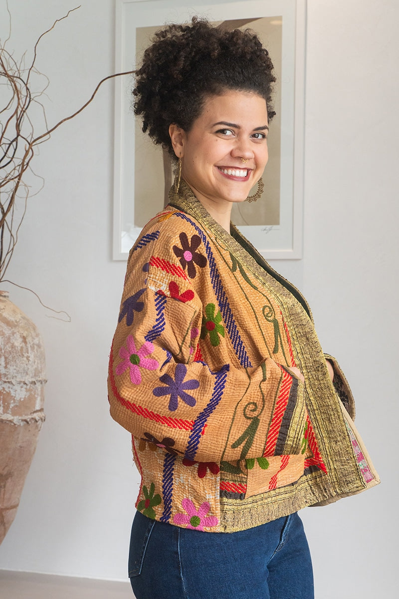 Womens Nomad Kantha Jacket, Wild Threads, with traditional Suzani embroidery, handmade from recycled Vintage Kantha’s. Autumn tones - Mysa