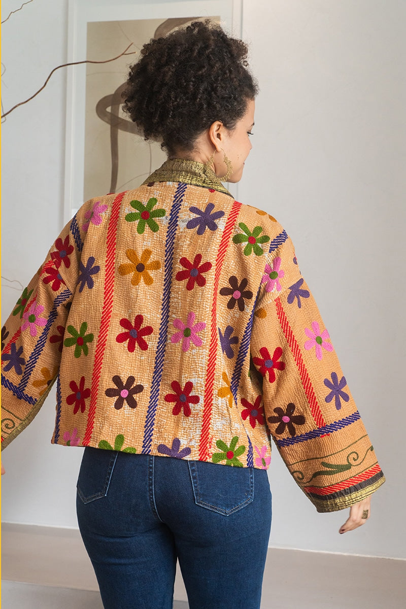Womens Nomad Kantha Jacket, Wild Threads, with traditional Suzani embroidery, handmade from recycled Vintage Kantha’s. Autumn tones - Mysa