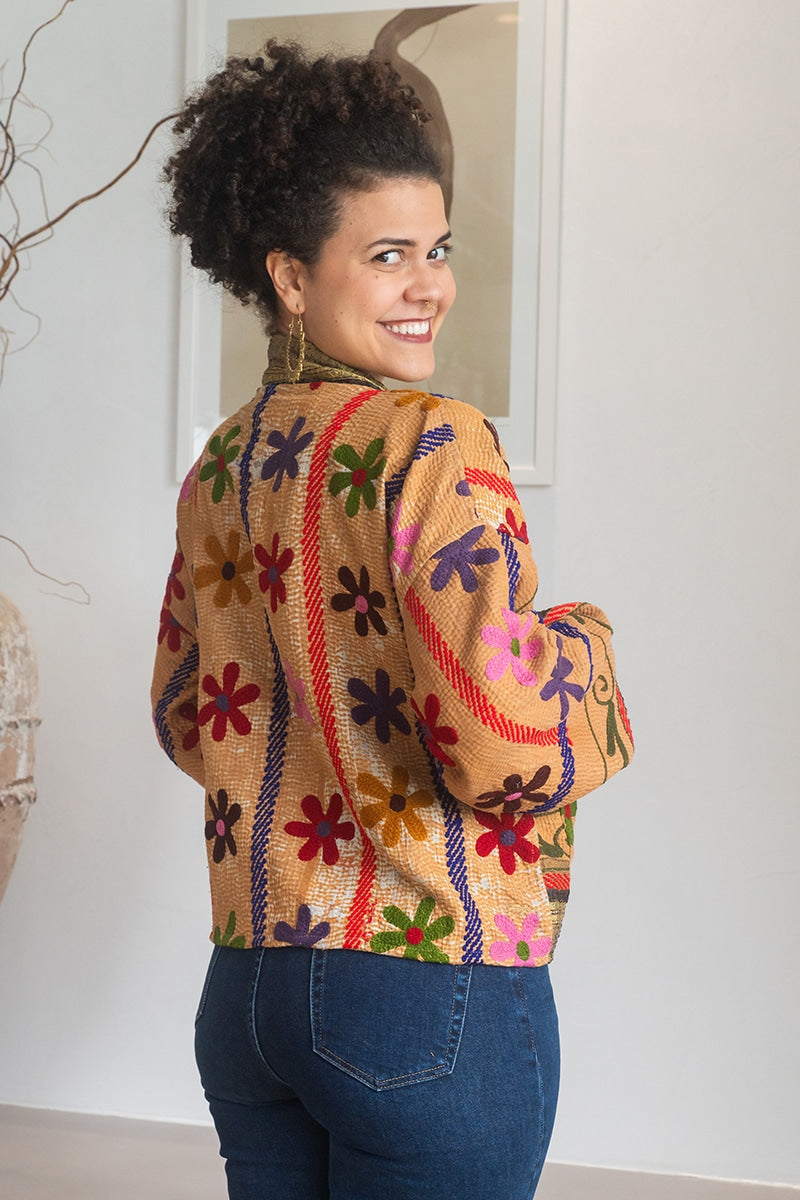 Womens Nomad Kantha Jacket, Wild Threads, with traditional Suzani embroidery, handmade from recycled Vintage Kantha’s. Autumn tones - Mysa