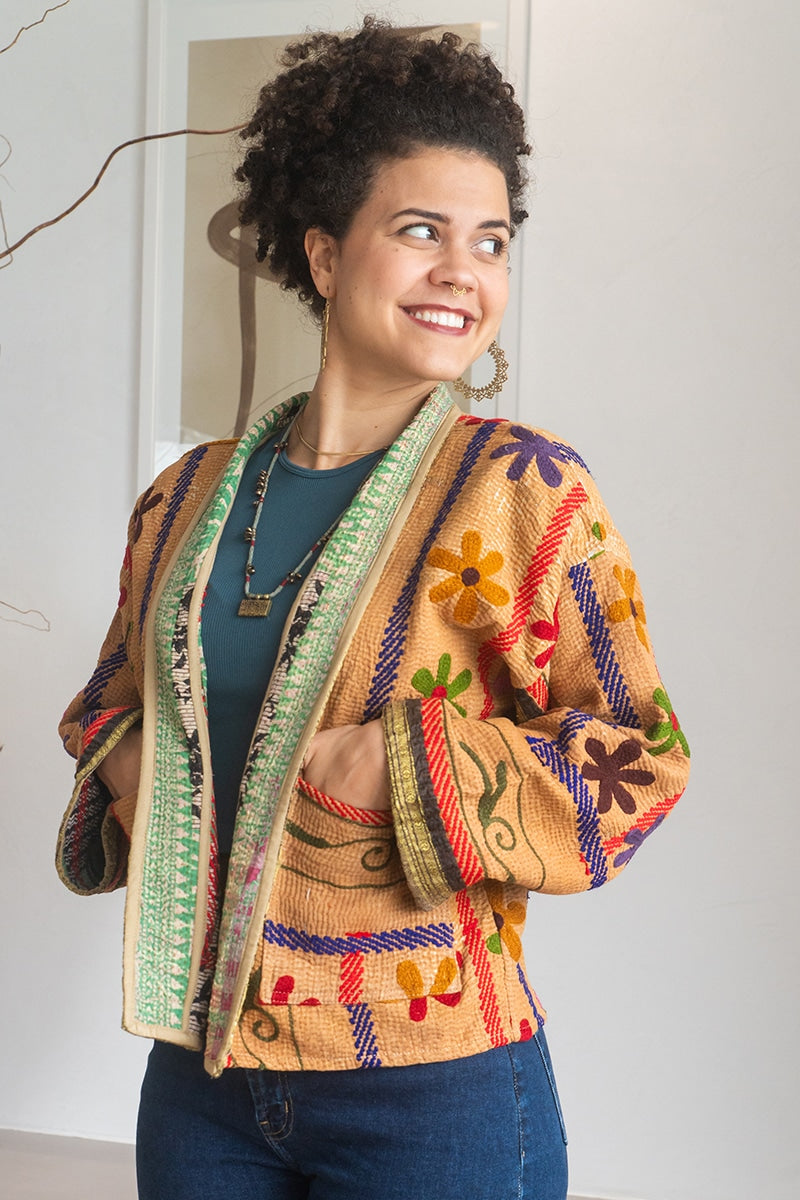 Womens Nomad Kantha Jacket, Wild Threads, with traditional Suzani embroidery, handmade from recycled Vintage Kantha’s. Autumn tones - Mysa