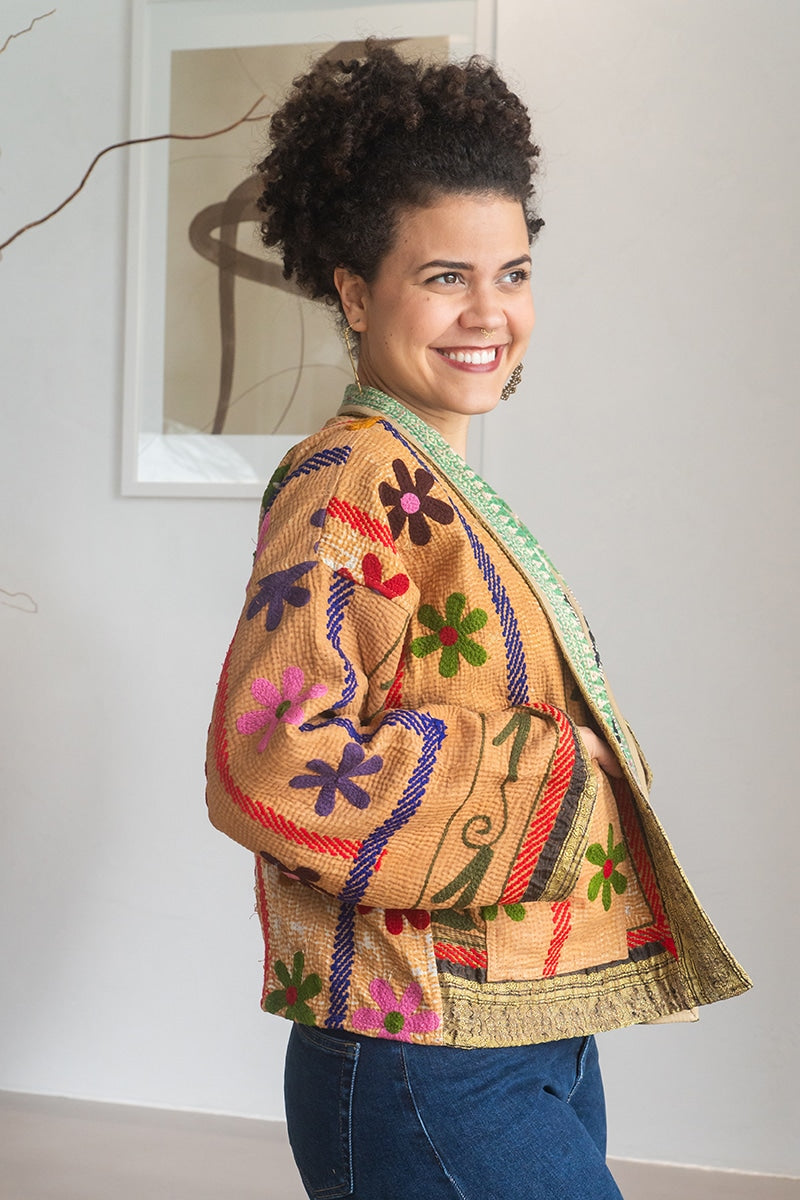 Womens Nomad Kantha Jacket, Wild Threads, with traditional Suzani embroidery, handmade from recycled Vintage Kantha’s. Autumn tones - Mysa