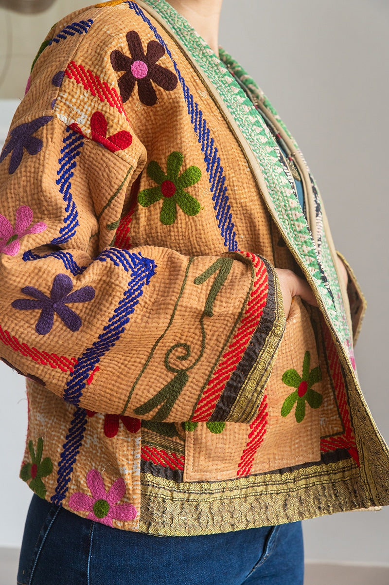 Womens Nomad Kantha Jacket, Wild Threads, with traditional Suzani embroidery, handmade from recycled Vintage Kantha’s. Autumn tones - Mysa