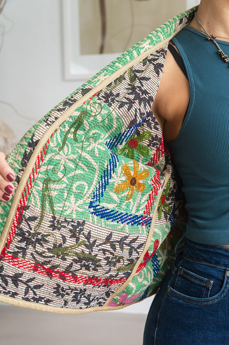 Womens Nomad Kantha Jacket, Wild Threads, with traditional Suzani embroidery, handmade from recycled Vintage Kantha’s. Autumn tones - Mysa