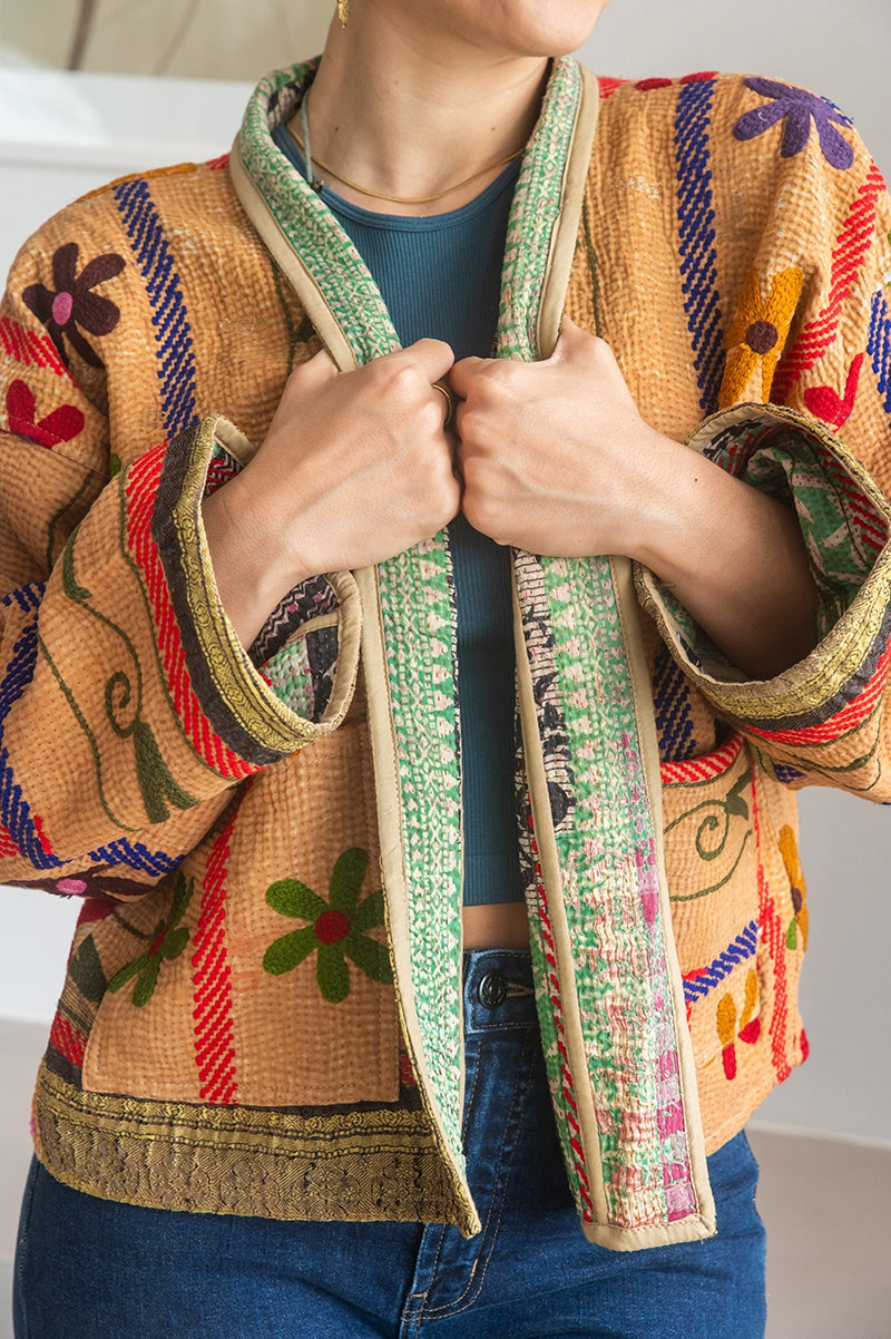 Womens Nomad Kantha Jacket, Wild Threads, with traditional Suzani embroidery, handmade from recycled Vintage Kantha’s. Autumn tones - Mysa