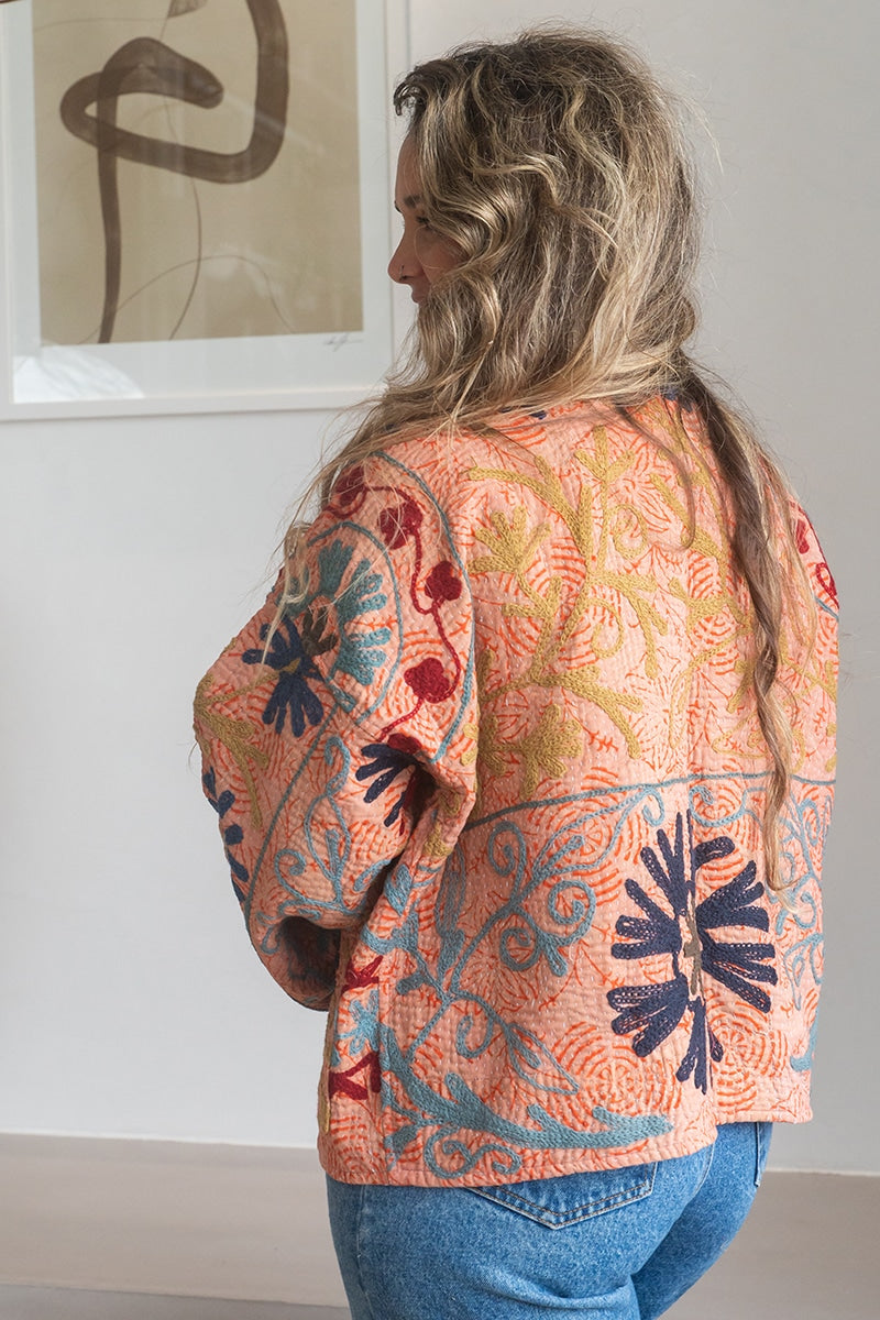 Womens Nomad Kantha Jacket, Wild Threads, with traditional Suzani embroidery, handmade from recycled Vintage Kantha’s. Apricot Lux