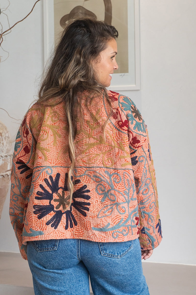 Womens Nomad Kantha Jacket, Wild Threads, with traditional Suzani embroidery, handmade from recycled Vintage Kantha’s. Apricot Lux