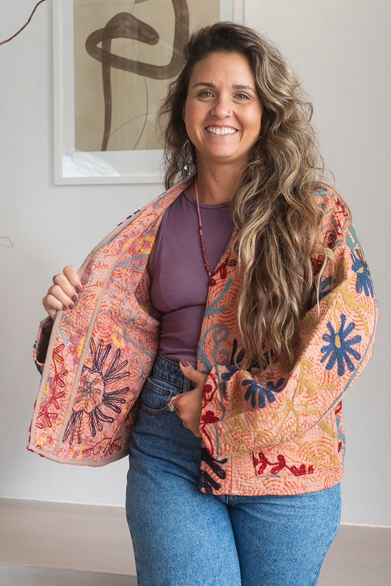 Womens Nomad Kantha Jacket, Wild Threads, with traditional Suzani embroidery, handmade from recycled Vintage Kantha’s. Apricot Lux