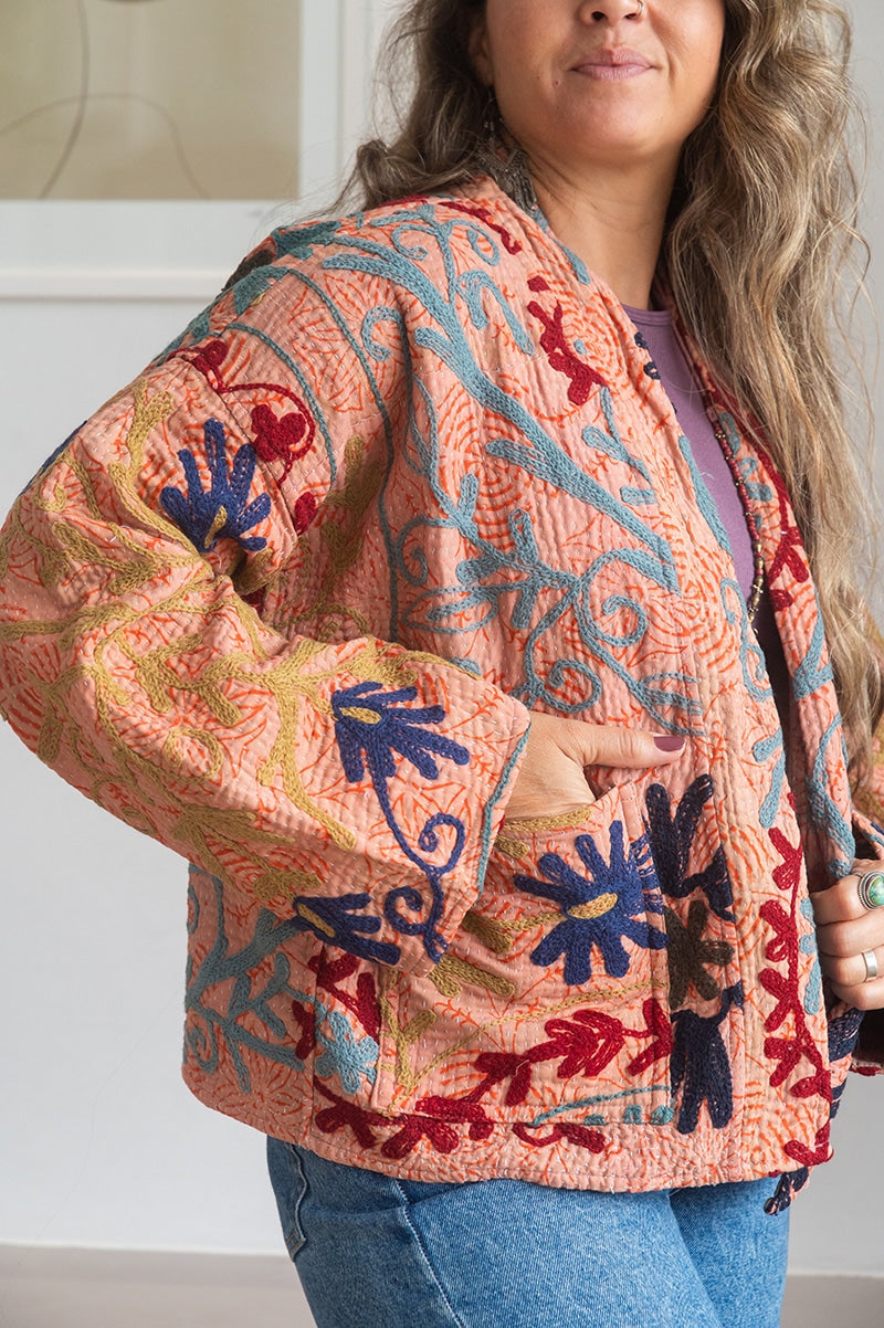 Womens Nomad Kantha Jacket, Wild Threads, with traditional Suzani embroidery, handmade from recycled Vintage Kantha’s. Apricot Lux
