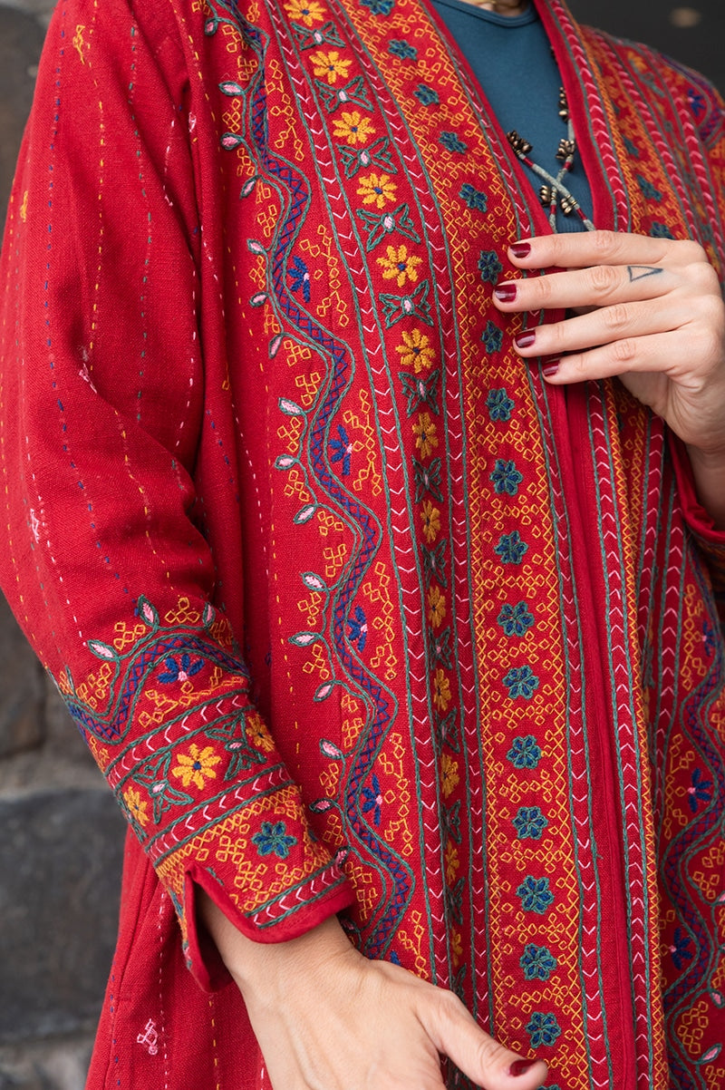 Womens Persian Luxe Coat, hand embroidered, red cranberry