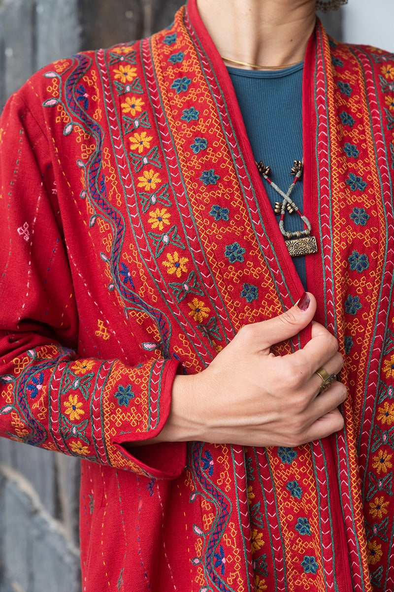 Womens Persian Luxe Coat, hand embroidered, red cranberry