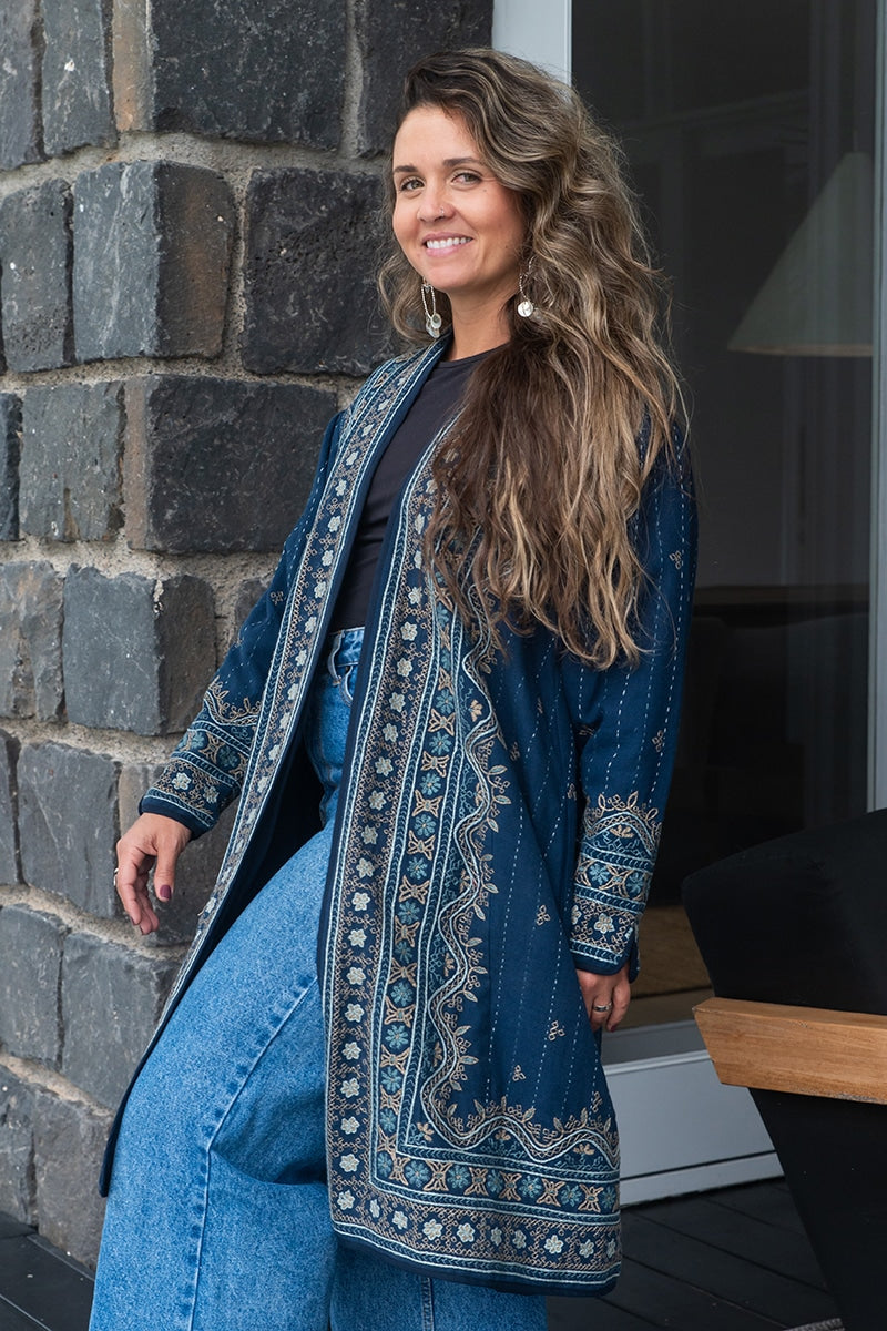 Womens Persian Luxe Coat, hand embroidered, blue Sapphire