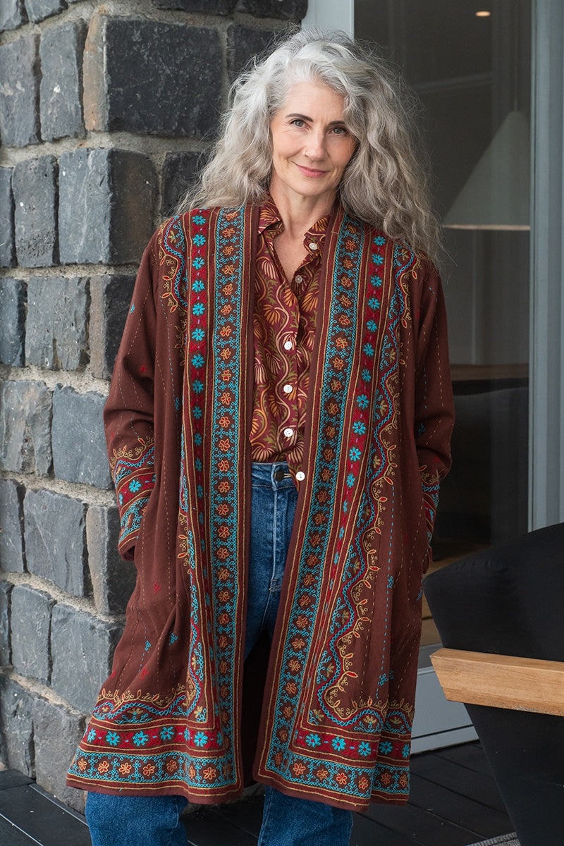Womens Persian Luxe Coat, hand embroidered, maroon Garnet