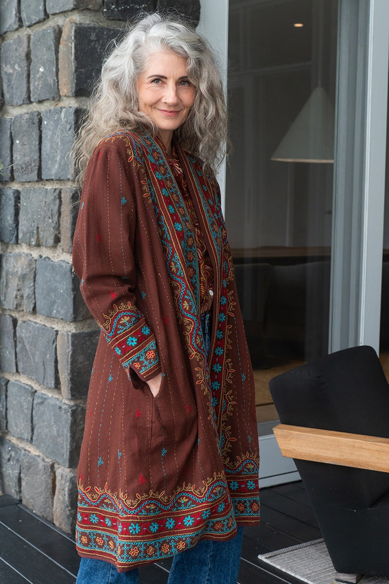 Womens Persian Luxe Coat, hand embroidered, maroon Garnet