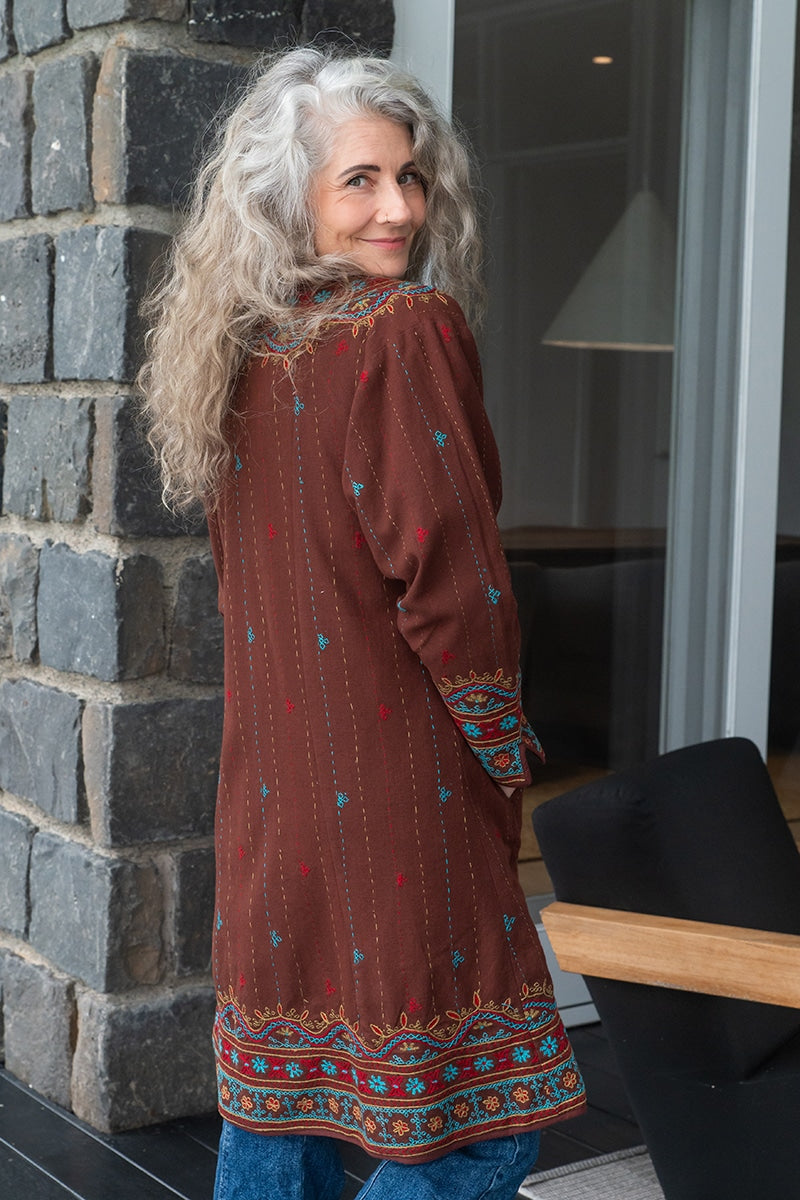 Womens Persian Luxe Coat, hand embroidered, maroon Garnet