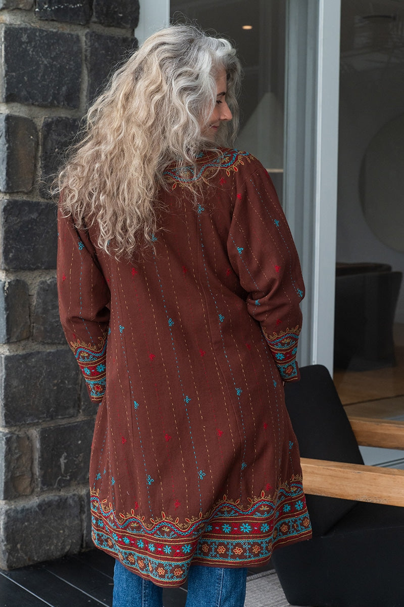 Womens Persian Luxe Coat, hand embroidered, maroon Garnet
