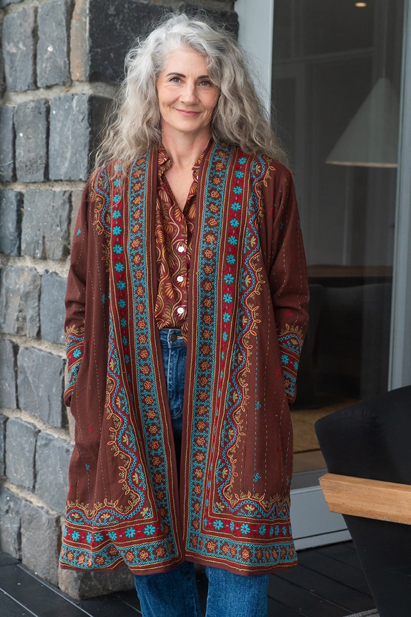 Womens Persian Luxe Coat, hand embroidered, maroon Garnet