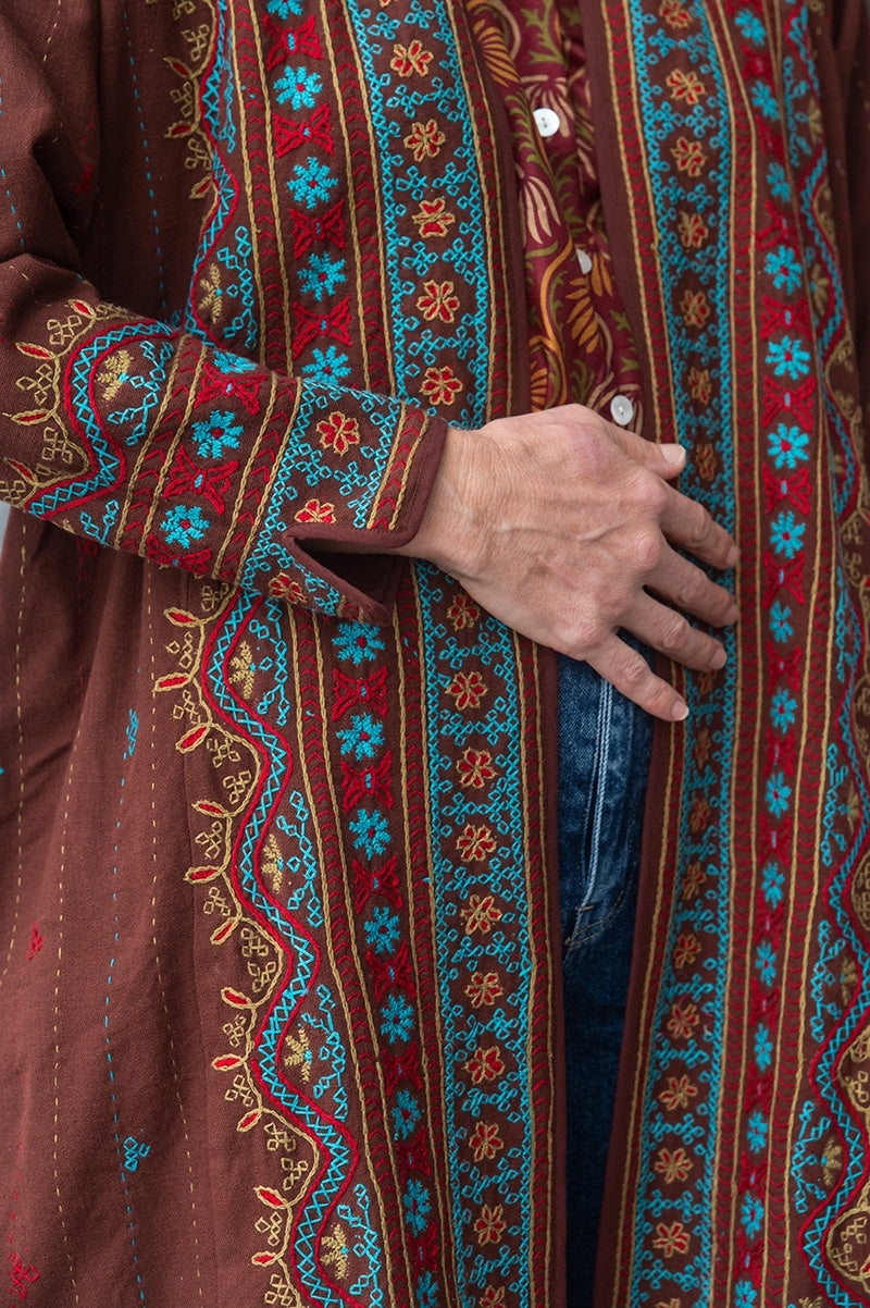 Womens Persian Luxe Coat, hand embroidered, maroon Garnet