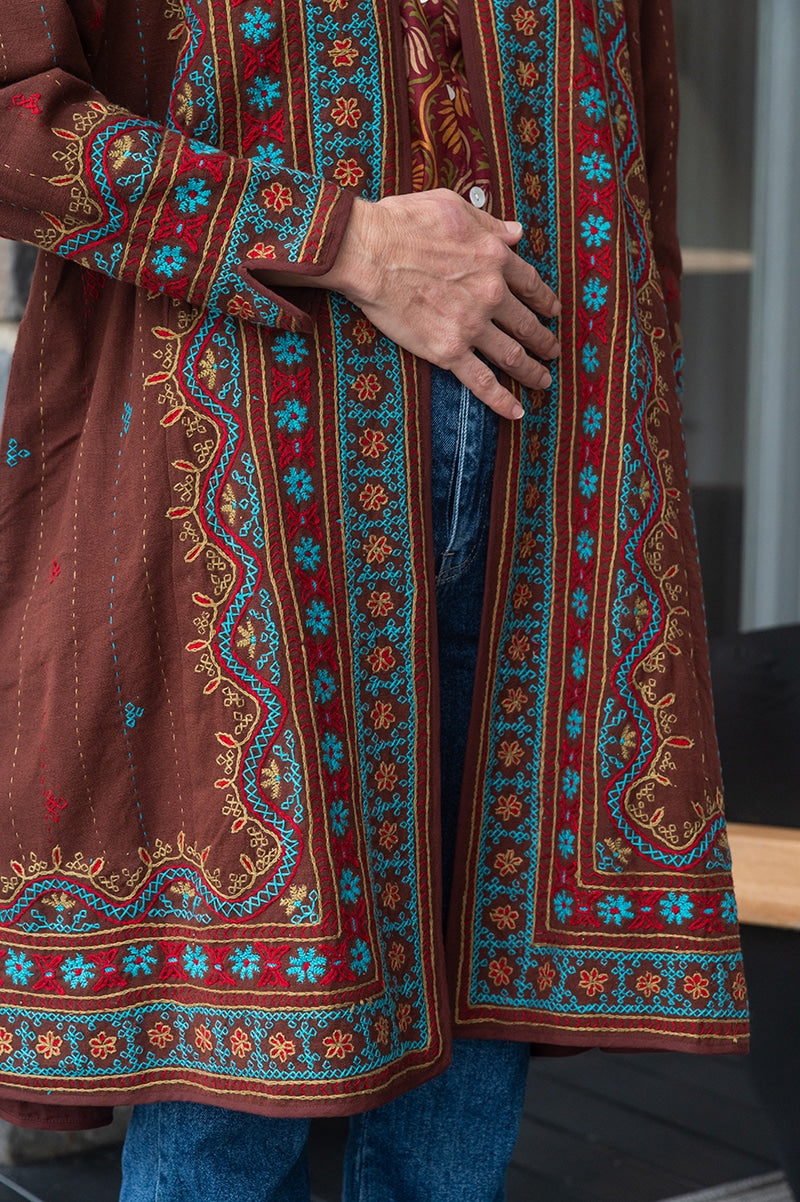 Womens Persian Luxe Coat, hand embroidered, maroon Garnet