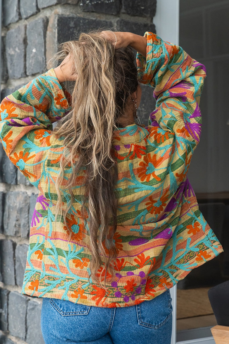 Womens Elysian Kantha Jacket, with traditional Suzani embroidery, handmade from recycled Vintage Kantha’s. Elara